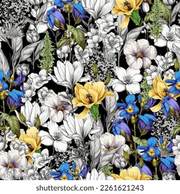 Seamless botanical, floral pattern of flowers, leaves, plants. Vector stock illustration eps10.