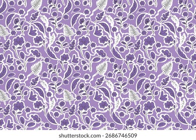 Patrón floral botánico sin fisuras con follaje y flores dibujadas a mano blancas sobre fondo púrpura para textiles, papel, envases y estampados de moda.