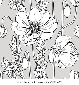 Seamless botanical floral pattern with images of a different Poppies. Vector black and white illustration.