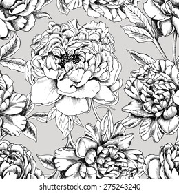 Seamless botanical floral pattern with images of a different peonies. Vector black and white illustration.