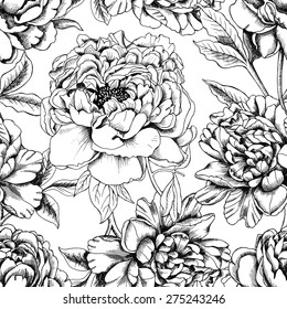 Seamless botanical floral pattern with images of a different peonies. Vector black and white illustration.