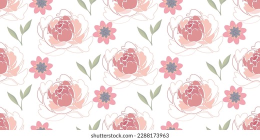 peonías botánicas de estampado floral y flores de prado sin foco. El concepto de impresión en tela y papel. Perfecto para ropa de cama y textiles.