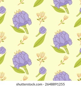 Padrão floral botânico contínuo com flores roxas e folhas verdes em um fundo amarelo claro. Ideal para têxteis, papel de parede, moda, papelaria, impressão, pano de fundo, decoração decorativa casa, tapete 