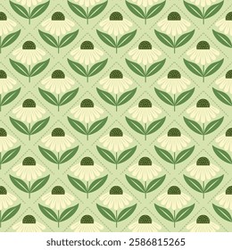 Seamless botanical floral pattern with soft green and cream colors. Perfect for wallpapers, textiles, packaging, and stationery.
