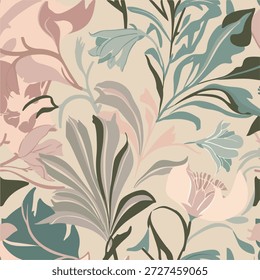 Padrão floral botânico sem costura com folhas de pastel macias. Padrão sem emenda botânico para tecido, papel de parede e embalagem. Elegante padrão floral sem emenda para design de decoração de casa. Natureza Inspirado Floral Plano de Fundo Padrão Sem Costura. 