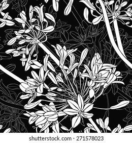 Seamless botanical floral pattern with umbrellas agapanthus. Vector black and white illustration.