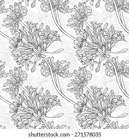 Seamless botanical floral pattern with umbrellas agapanthus. Vector black and white illustration.
