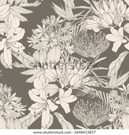Seamless botanical floral pattern with umbrellas agapanthus and exotic flowers. Vector black and white illustration.