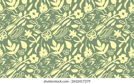 Seamless botanical floral vector pattern. hand drawn flowers, leaves, butterfly and flying birds design on olive green background .
