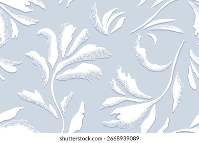 Patrón de textura de escarcha botánica sin costuras, collage moderno monocromo de varias flores, ramas dibujadas a mano en dibujos a tinta. Ilustración vectorial blanca sobre fondo gris claro.