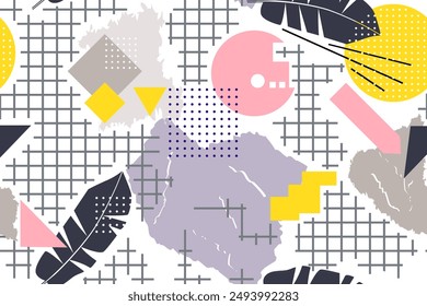 Patrón geométrico botánico sin costuras. Collage moderno de Formas geométricas, diseños de hojas de plátano, varias Formas, malla a cuadros. Dibujado a mano. Ilustración vectorial sobre fondo blanco