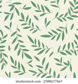 Seamless botanical green leaves pattern, abstract nature ornament silhouettes. Simple floral surface design, branches on a white background. Vector illustration in two colors