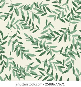 Seamless botanical green leaves pattern, abstract nature ornament silhouettes. Simple floral surface design, branches on a white background. Vector illustration in two colors