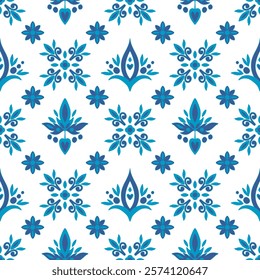 Seamless botanical grid pattern inspired by azulejo tiles, Gzhel art, and Chinese porcelain in elegant blue hues. Perfect for textile, wallpaper, and ceramic-inspired designs