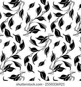 Seamless botanical grunge pattern monochrome. Grunge texture. Abstract grunge texture on a white background with leaves and flowers. 