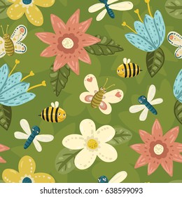 Seamless botanical hand-draw colorful pattern with large flowers, dragonfly, butterfly and bee in cartoon style on green background. Vector illustration. 