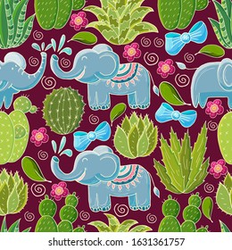 Seamless botanical illustration. Tropical pattern of different cacti, aloe