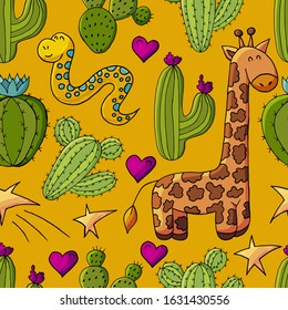 Seamless botanical illustration. Tropical pattern of different cacti, aloe