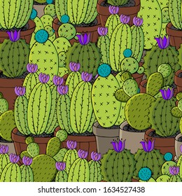 Seamless botanical illustration. Tropical pattern of different cacti, aloe