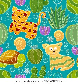 Seamless botanical illustration. Tropical pattern of different cacti, aloe