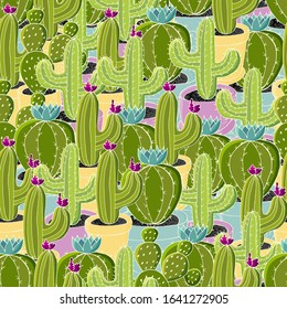 Seamless botanical illustration. Tropical pattern of different cacti, aloe
