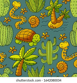 Seamless botanical illustration. Tropical pattern of different cacti, aloe
