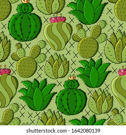 Seamless botanical illustration. Tropical pattern of different cacti, aloe