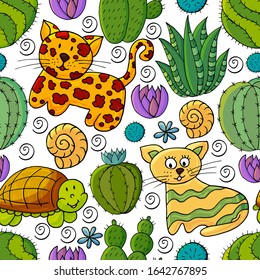 Seamless botanical illustration. Tropical pattern of different cacti, aloe