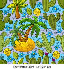  Ilustración botánica perfecta. Patrón tropical de diferentes cactus, aloe