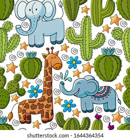 Seamless botanical illustration. Tropical pattern of different cacti, aloe