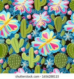 Ilustración botánica perfecta. Patrón tropical de diferentes cactus, aloe