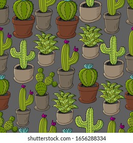 Ilustración botánica perfecta. Patrón tropical de diferentes cactus, aloe