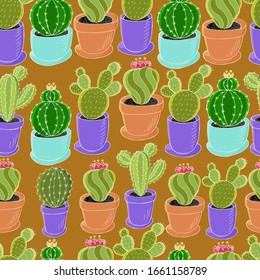 Seamless botanical illustration. Tropical pattern of different cacti, aloe