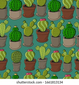 Seamless botanical illustration. Tropical pattern of different cacti, aloe