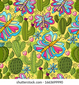 Seamless botanical illustration. Tropical pattern of different cacti, aloe