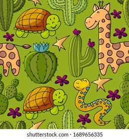 Seamless botanical illustration. Tropical pattern of different cacti, aloe