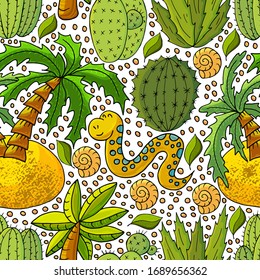 Seamless botanical illustration. Tropical pattern of different cacti, aloe