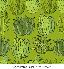 Seamless botanical illustration. Tropical pattern of different cacti, aloe