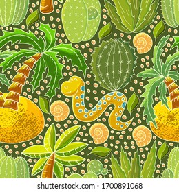 Seamless botanical illustration. Tropical pattern of different cacti, aloe