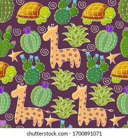 Seamless botanical illustration. Tropical pattern of different cacti, aloe