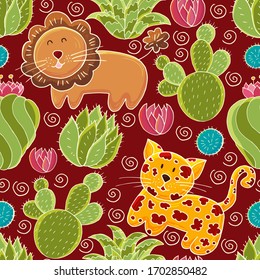 Seamless botanical illustration. Tropical pattern of different cacti, aloe