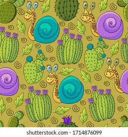 Seamless botanical illustration. Tropical pattern of different cacti, aloe