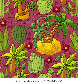 Seamless botanical illustration. Tropical pattern of different cacti, aloe