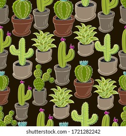 Seamless botanical illustration. Tropical pattern of different cacti, aloe