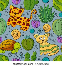 Seamless botanical illustration. Tropical pattern of different cacti, aloe