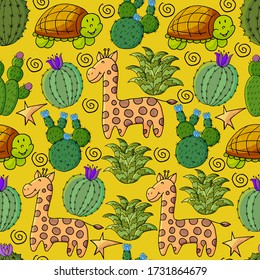 Seamless botanical illustration. Tropical pattern of different cacti, aloe