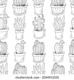 Seamless botanical illustration. Tropical pattern of different cacti, aloe