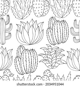 Seamless botanical illustration. Tropical pattern of different cacti, aloe