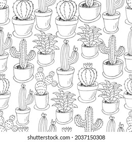 Seamless botanical illustration. Tropical pattern of different cacti, aloe