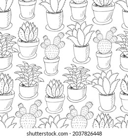 Seamless botanical illustration. Tropical pattern of different cacti, aloe
